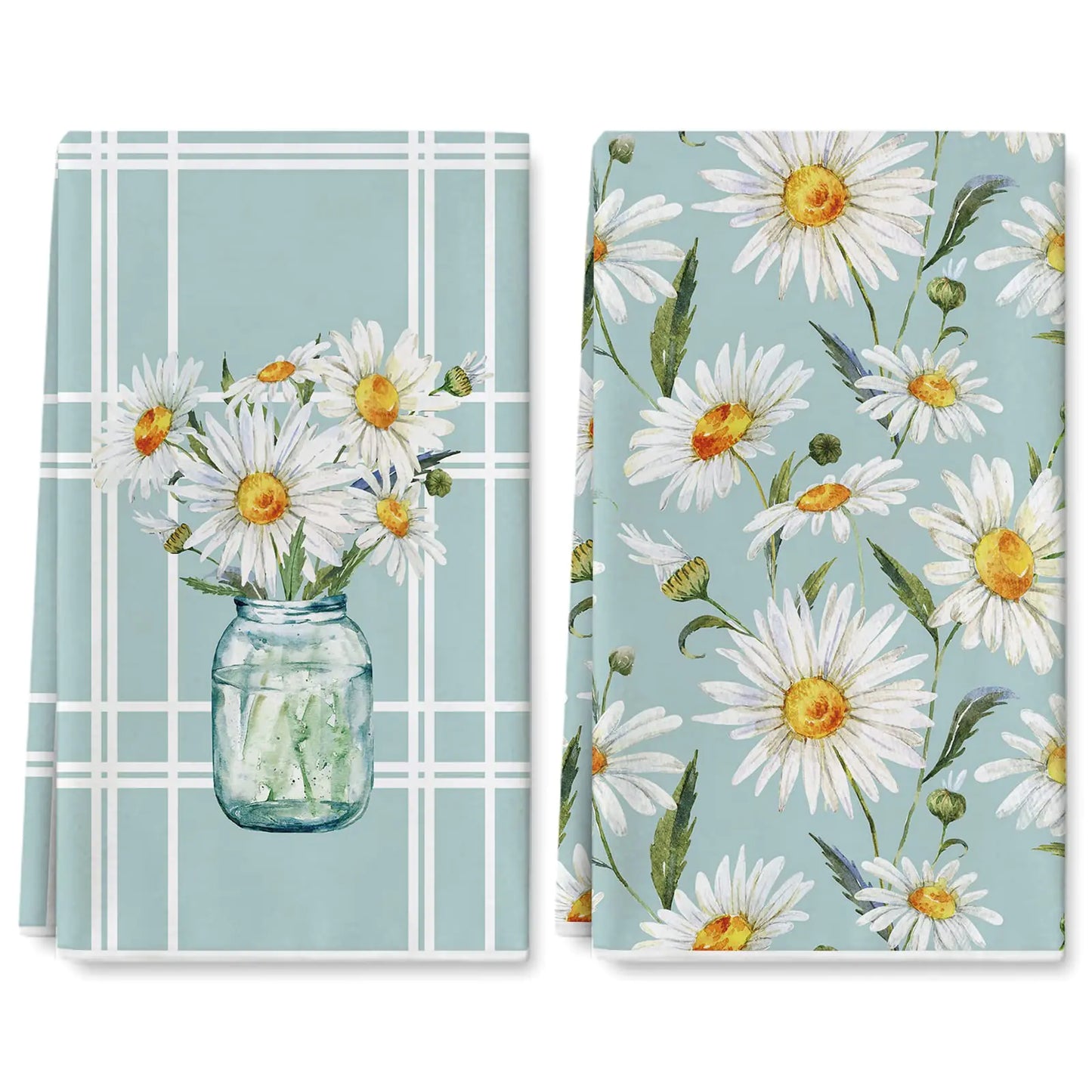 AnyDesign Daisy Flower Spring Kitchen Towel Summer Floral Dishcloths Light Blue Watercolor Reusable Hand Drying Tea Towel for Farmhouse Seasonal Cooking Baking Cleaning 18 x 28 Inch 2 Packs